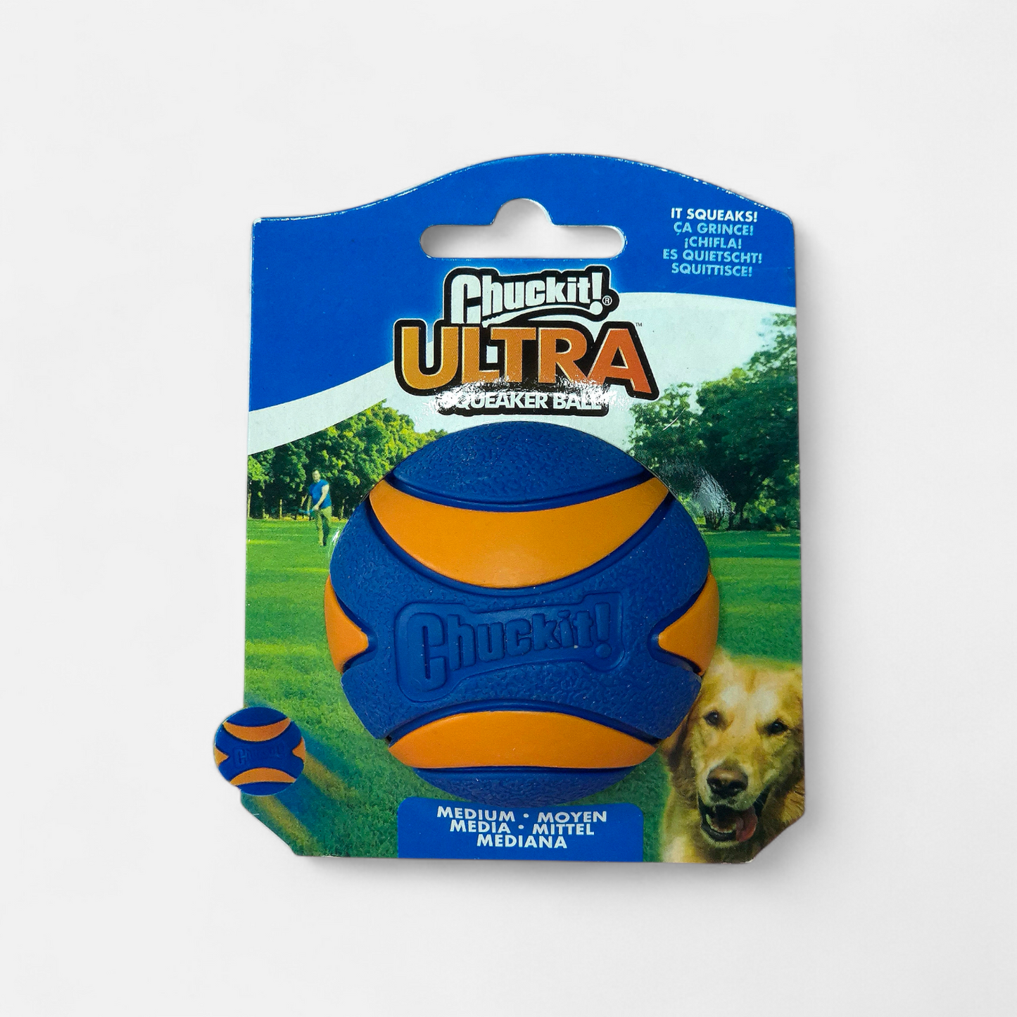 Chuckit! Ultra Squeaker Ball balle couineuse en caoutchouc résistant orange et bleu pour chien