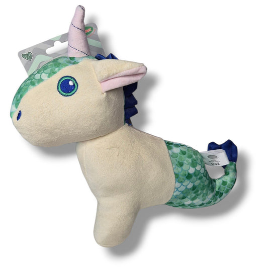 Peluche licorne Eco Toy pour chien  – 100% matériaux recyclés, squeaker intégré, 26x20 cm, design vert et bleu
