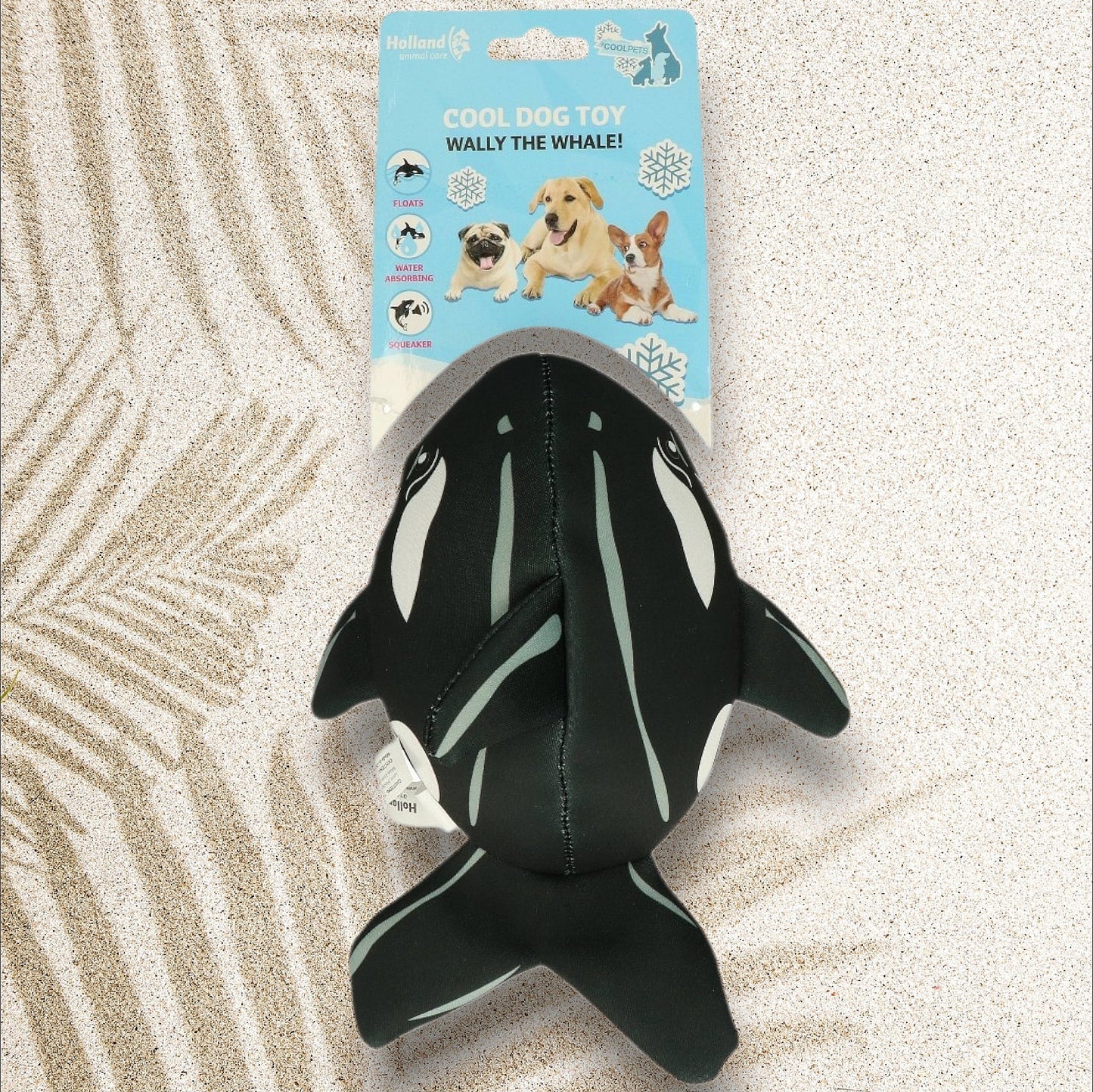 Peluche flottante Wally la baleine CoolPets — jouet aquatique noir et blanc en néoprène résistant pour chien, flotte sur l'eau et couine