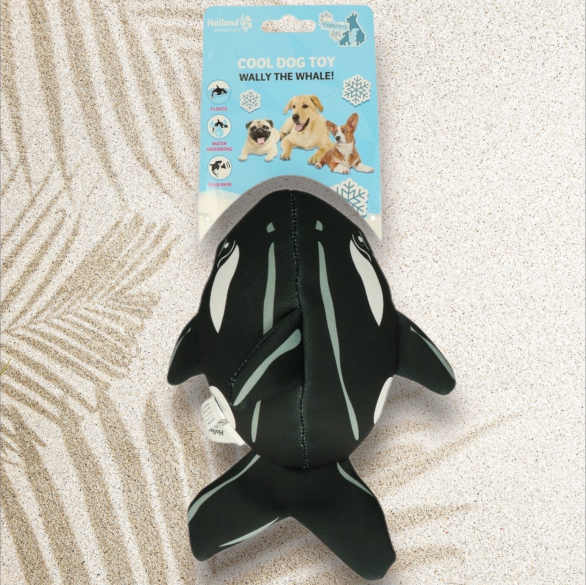 Peluche flottante Wally la baleine CoolPets — jouet aquatique noir et blanc en néoprène résistant pour chien, flotte sur l'eau et couine