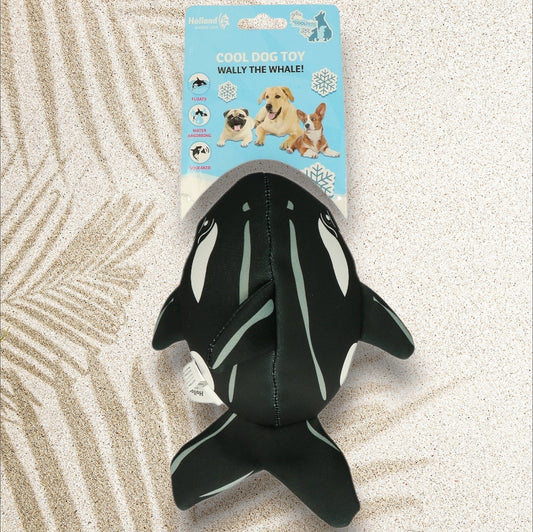 Peluche flottante Wally la baleine CoolPets — jouet aquatique noir et blanc en néoprène résistant pour chien, flotte sur l'eau et couine