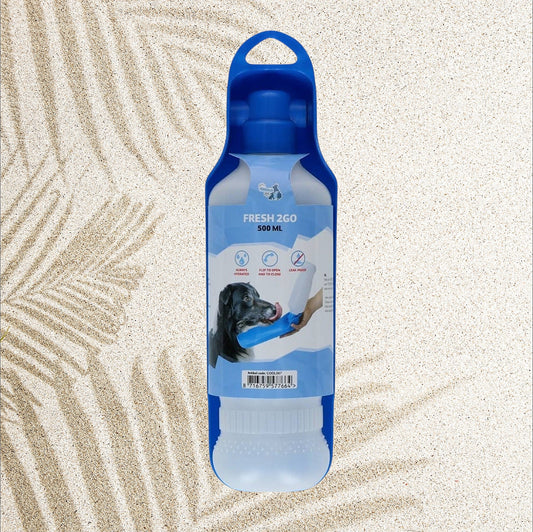 Gourde de voyage Fresh 2Go CoolPets 500ml bleue — anti-fuite avec clip ceinture et bec verseur intégré pour chien