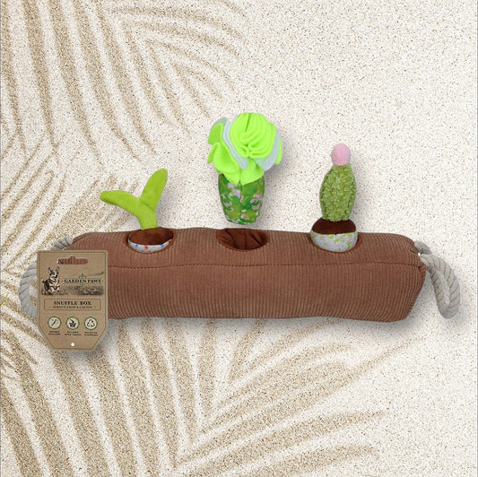Jeu de fouille jardin Snuffle Box Garden Paws — en tissu côtelé marron avec 3 plantes amovibles : pousse, fleur et cactus
