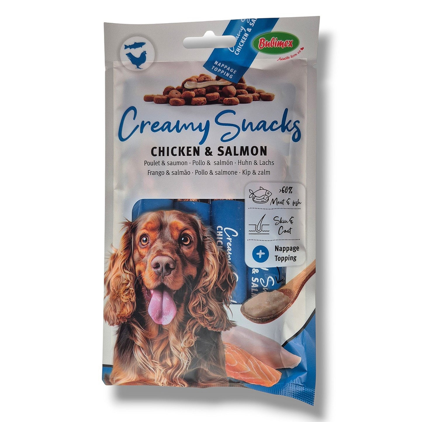 Creamy Snack pour chien – saveur Poulet & Saumon, favorise la santé et la brillance du poil
